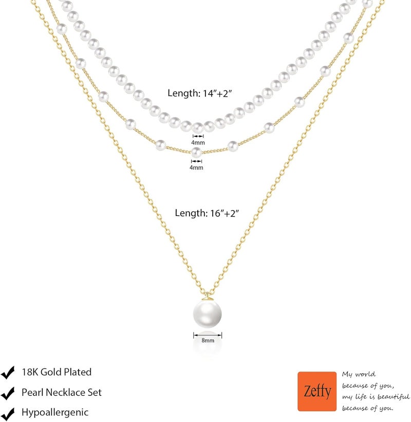 Zeffy Gold Pearl Necklace for Women, Dainty 14K Gold/Silve Plated Layered Pearl Choker Pearl Earrings Pearl Bracelets Wedding Trendy Gold Jewelry Set for Women Gifts - Image 5